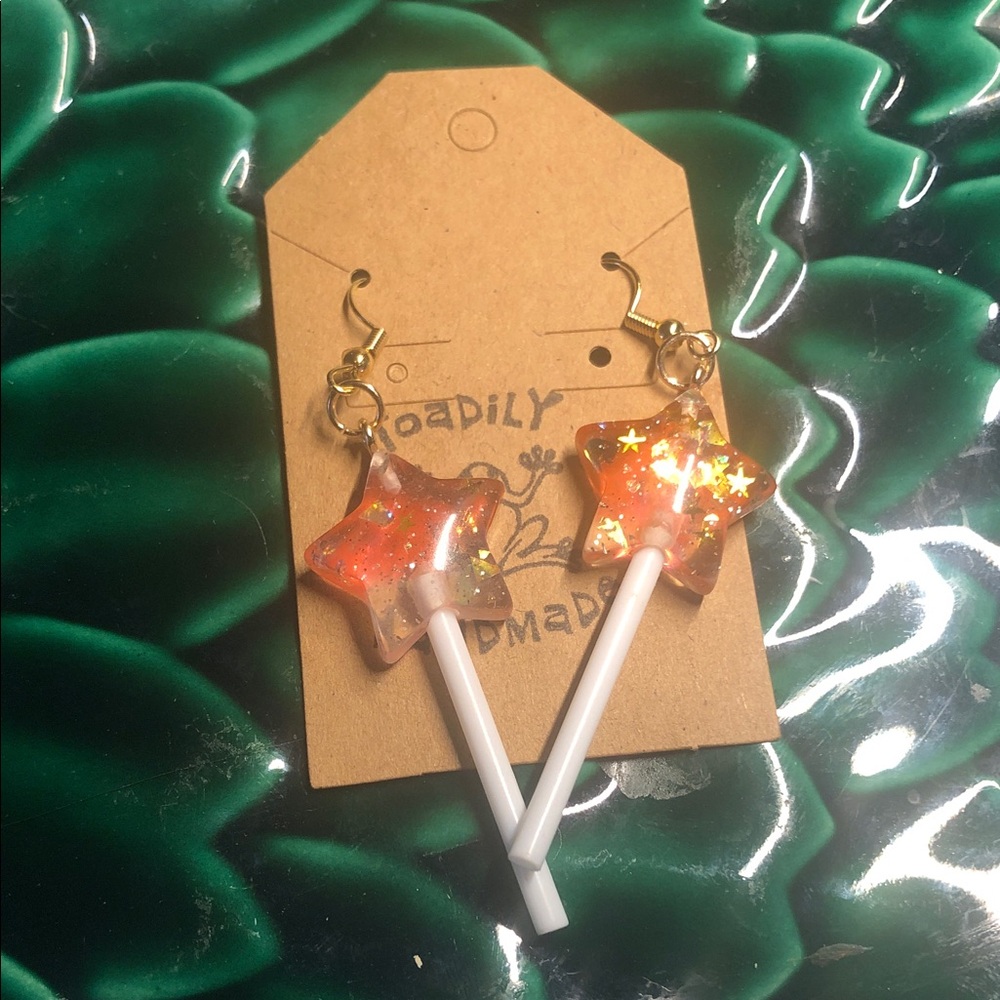Gold Star-Shaped Earrings with Orange Glitter - 3 for $25